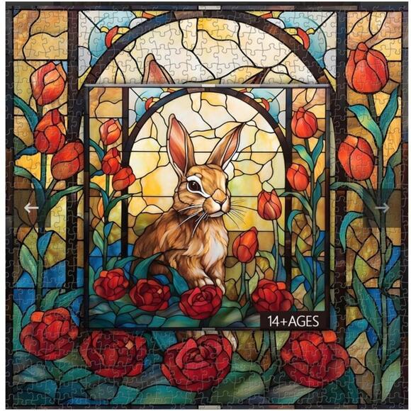 PICKFORU Stained Glass Bunny Jigsaw Puzzle 1000 Pieces Garden Flowers Colorful - Picture 9 of 9